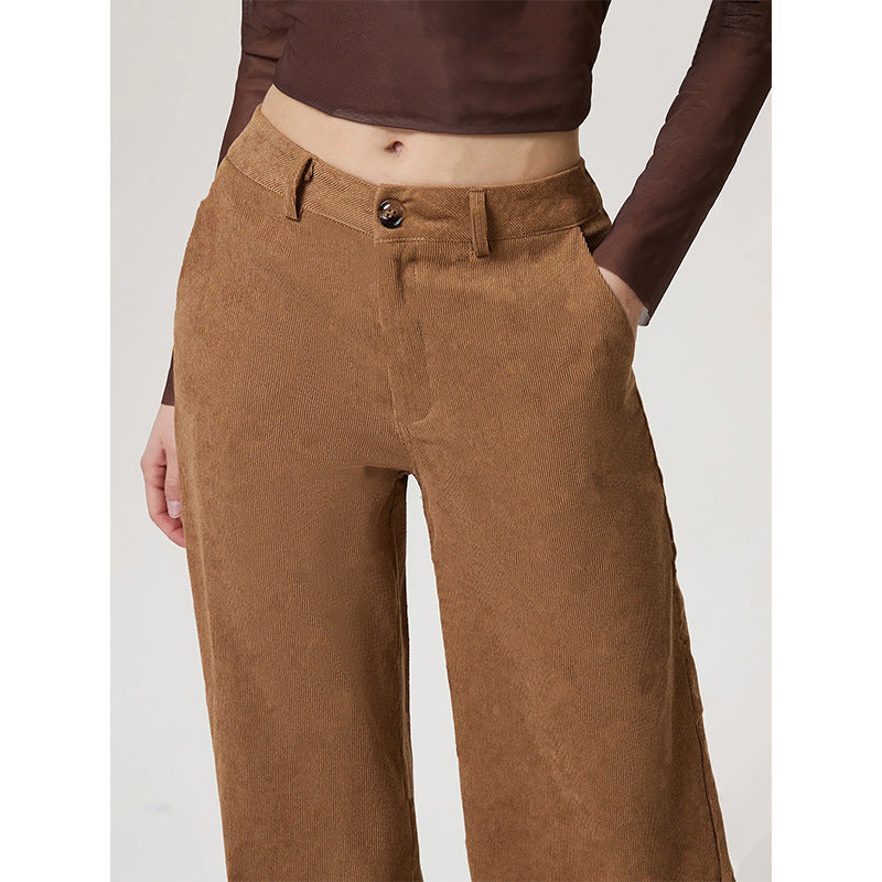 Women Clothing Retro Straight Wide Leg Corduroy Trousers