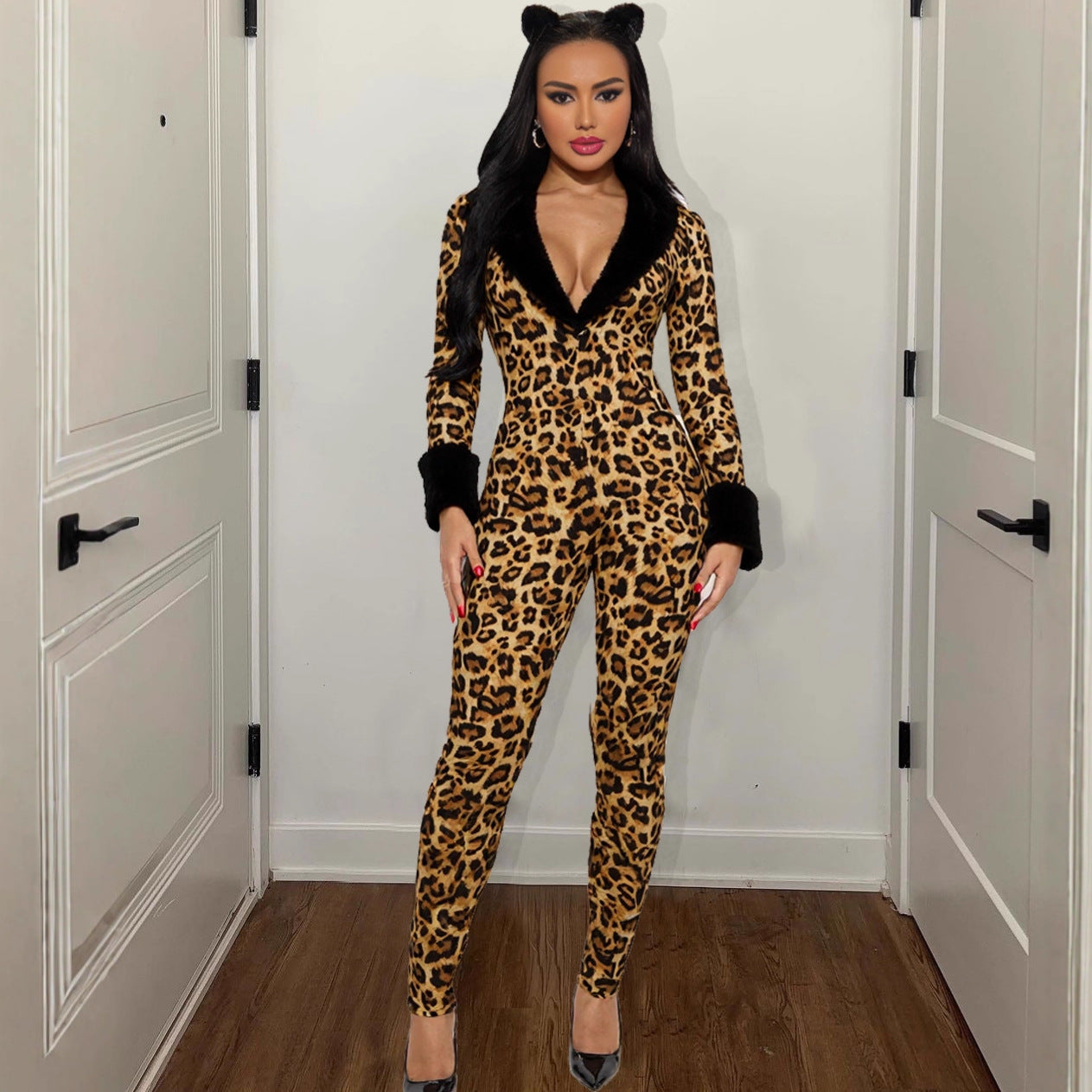 Autumn Winter Women Clothing Sexy Leopard Print V neck Plush Slim Fit Patchwork Long Sleeve Jumpsuit