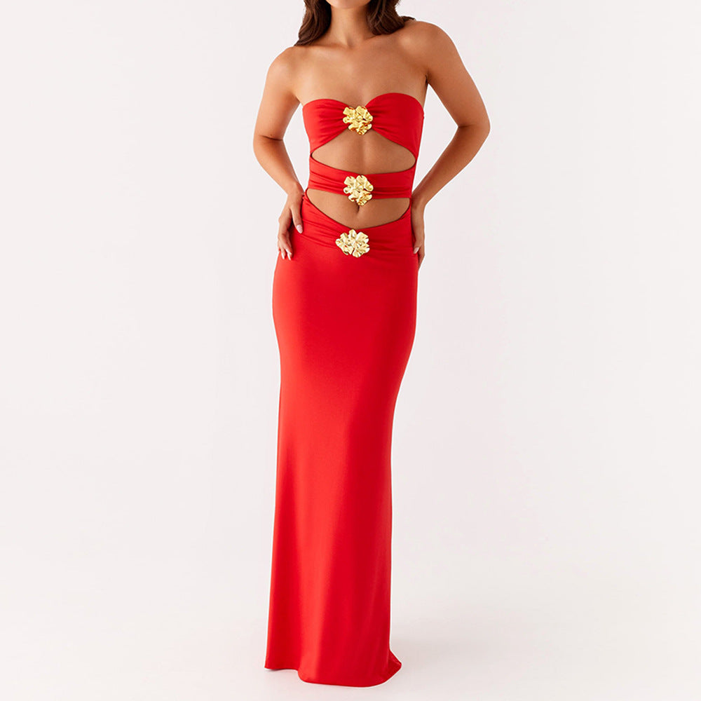 Summer Ladies Sexy Cutout Dress off Neck Metal Floral Sexy Slim Fit Maxi Dress