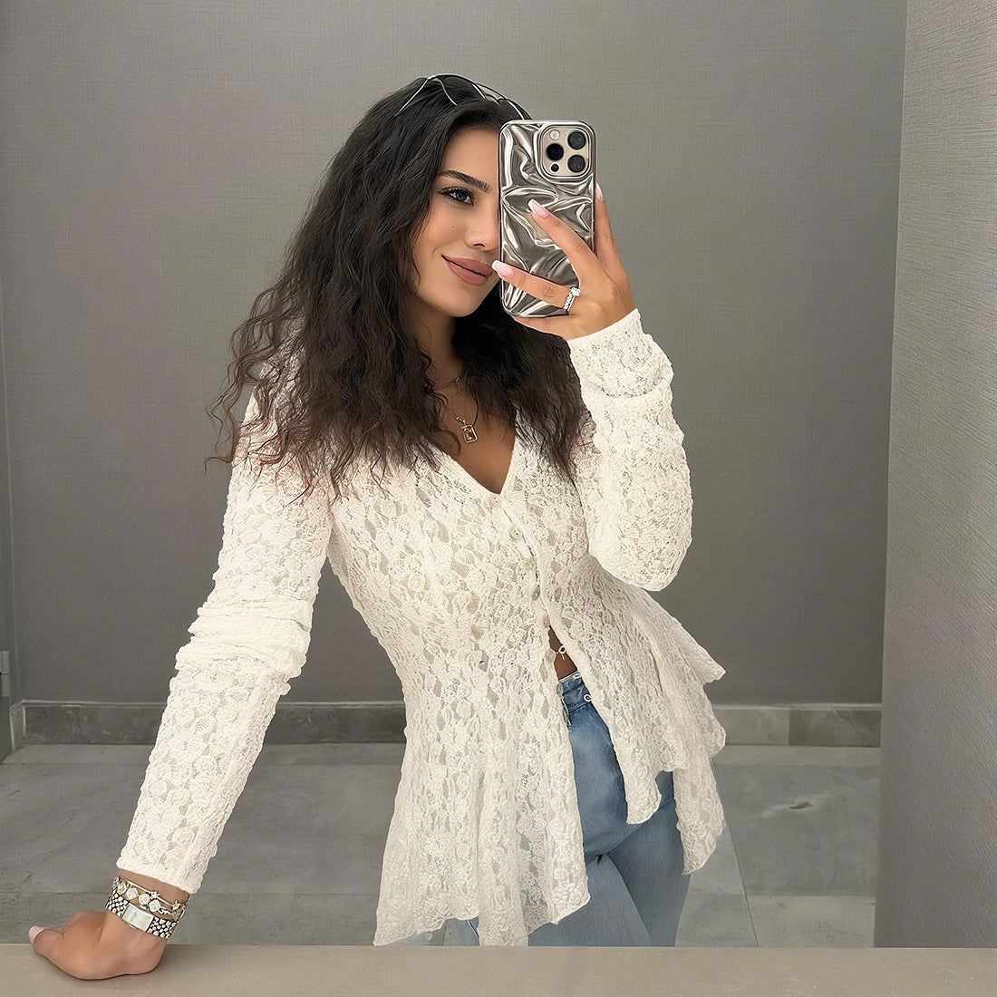 Women Clothing Solid Color Sexy Cutout Irregular Asymmetric Hem Lace Long Sleeve Cardigan T shirt Women