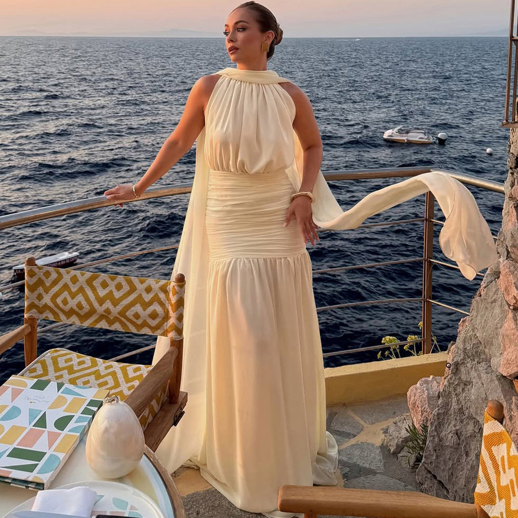 Autumn Winter Women Clothing Waist Controlled Sheath Pleated Ribbon Solid Color Dress