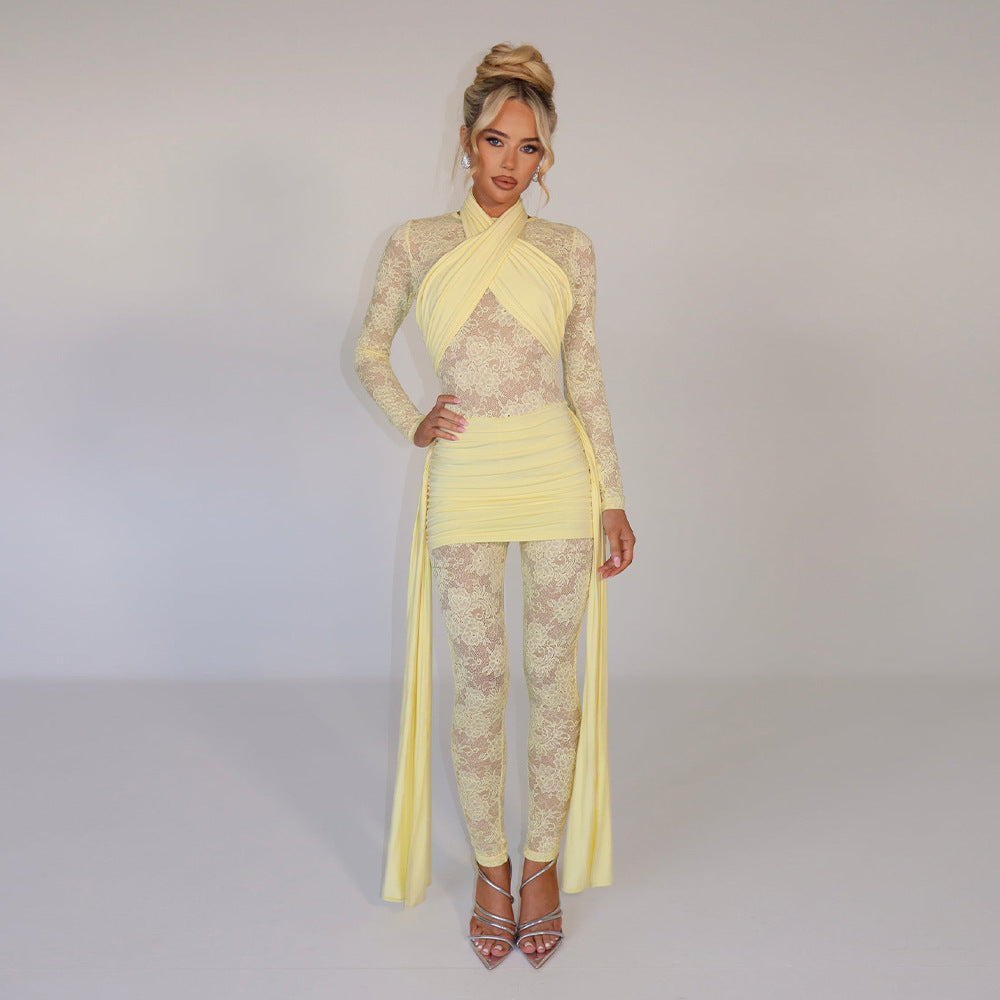 Summer Women Clothes Jumpsuit Sexy Lace Strap Stitching Tight Jumpsuit