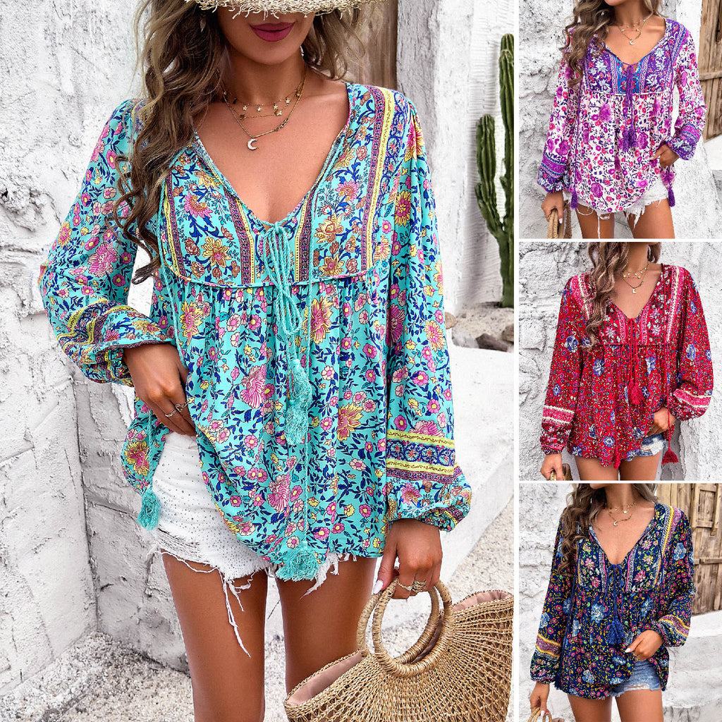 Women Clothing Spring Summer Casual Holiday Floral Print Long Sleeve Shirt