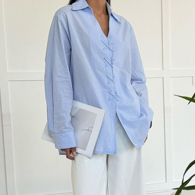 Cotton Shirt Women Spring Solid Color Collared Long Sleeve Niche Design Cross Tied Shirt