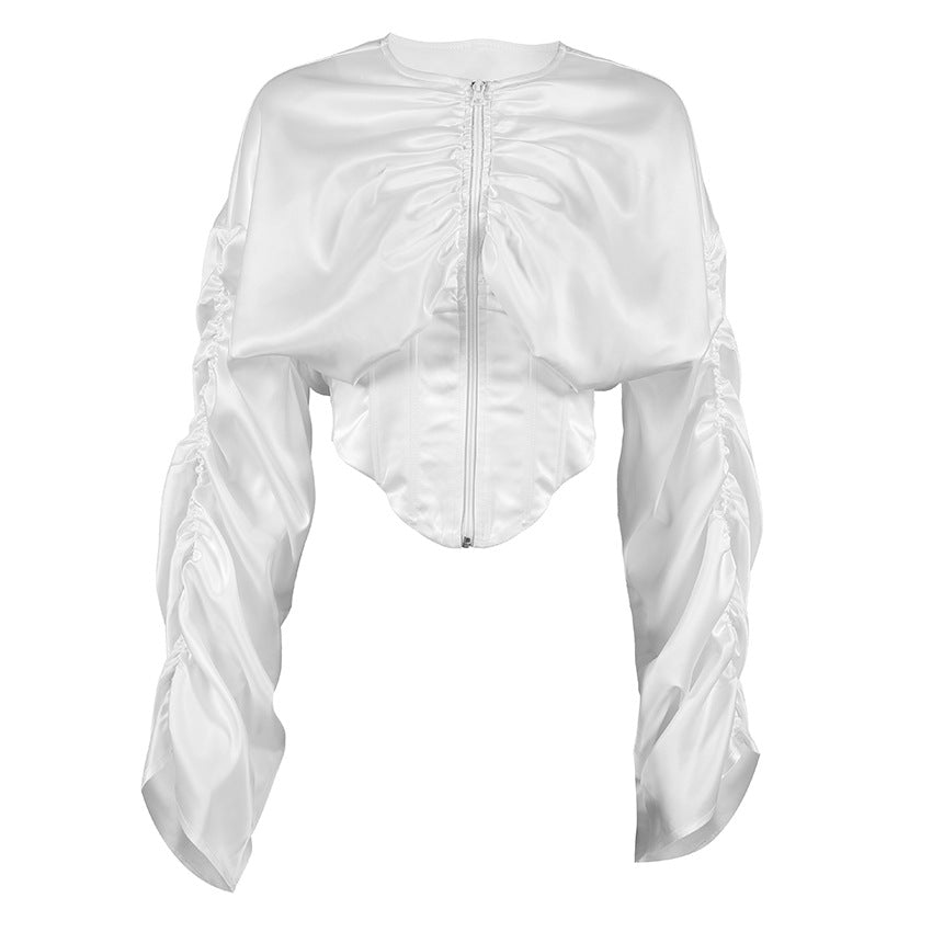 Palace Women Clothing Fitted Waist Pleated round Neck Long Sleeve Shirt High Grade Cardigan