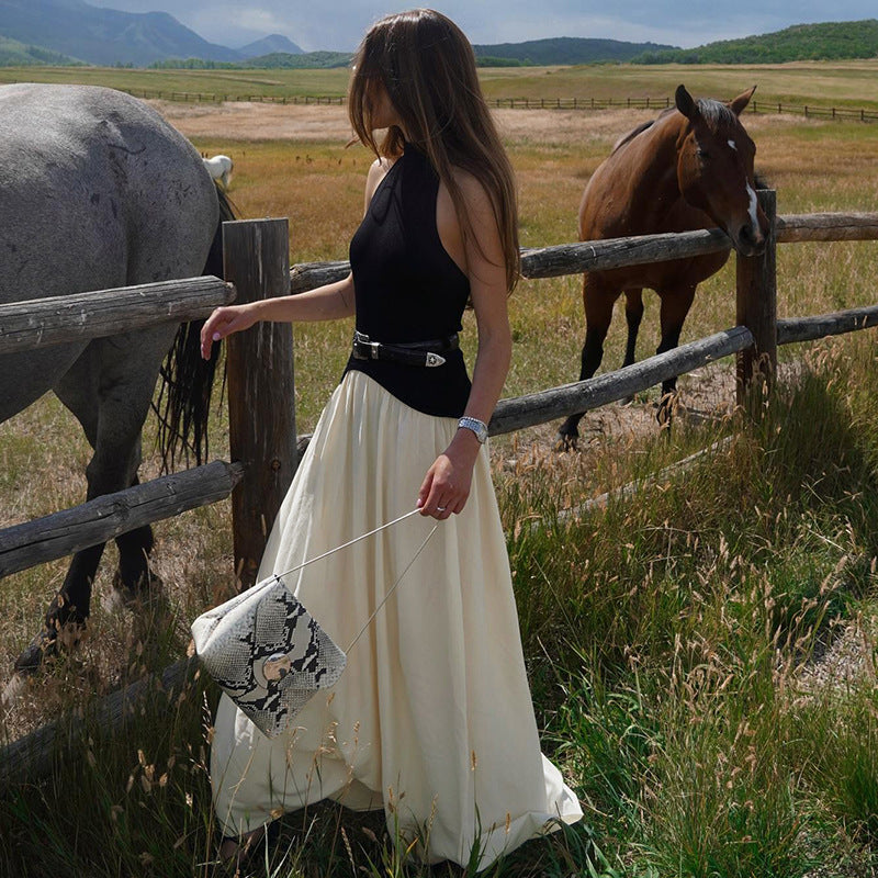 Fall Women Clothing Loose Backless Stitching Pleated Slim Mop Dress