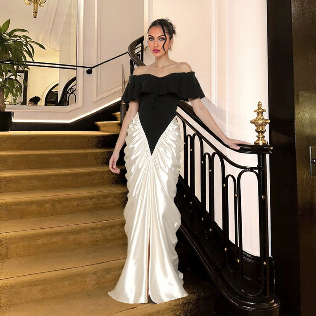 Robe élégante et sexy sans bretelles à volants sur les hanches et les hanches, ornée de couleurs contrastées, pour femme, automne-hiver.