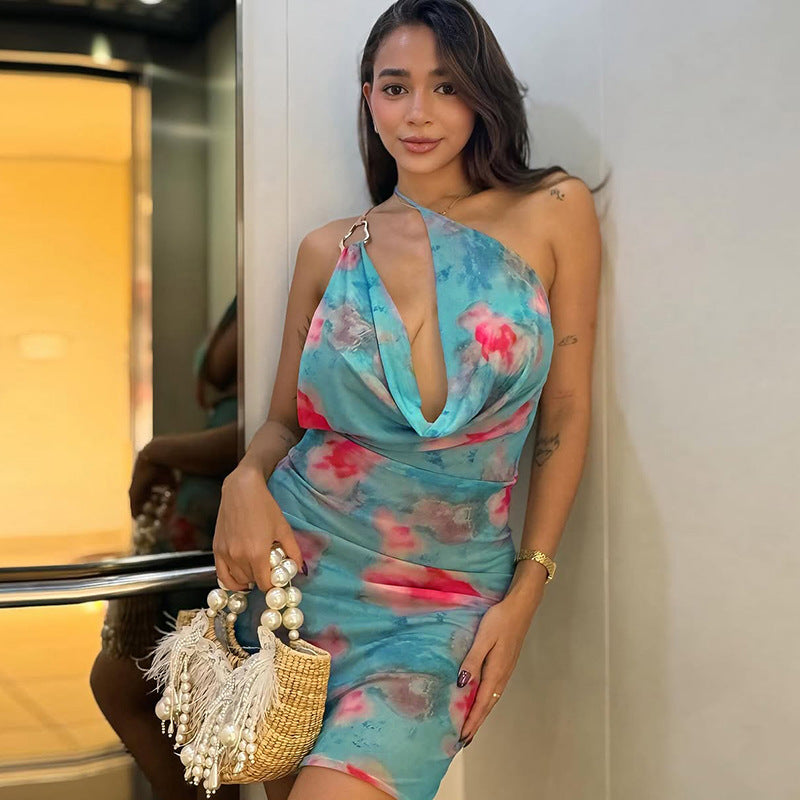 Summer Women Clothing Sexy Oblique Shoulder Mesh Backless Lace up Slim Fit Sheath Print Dress Women