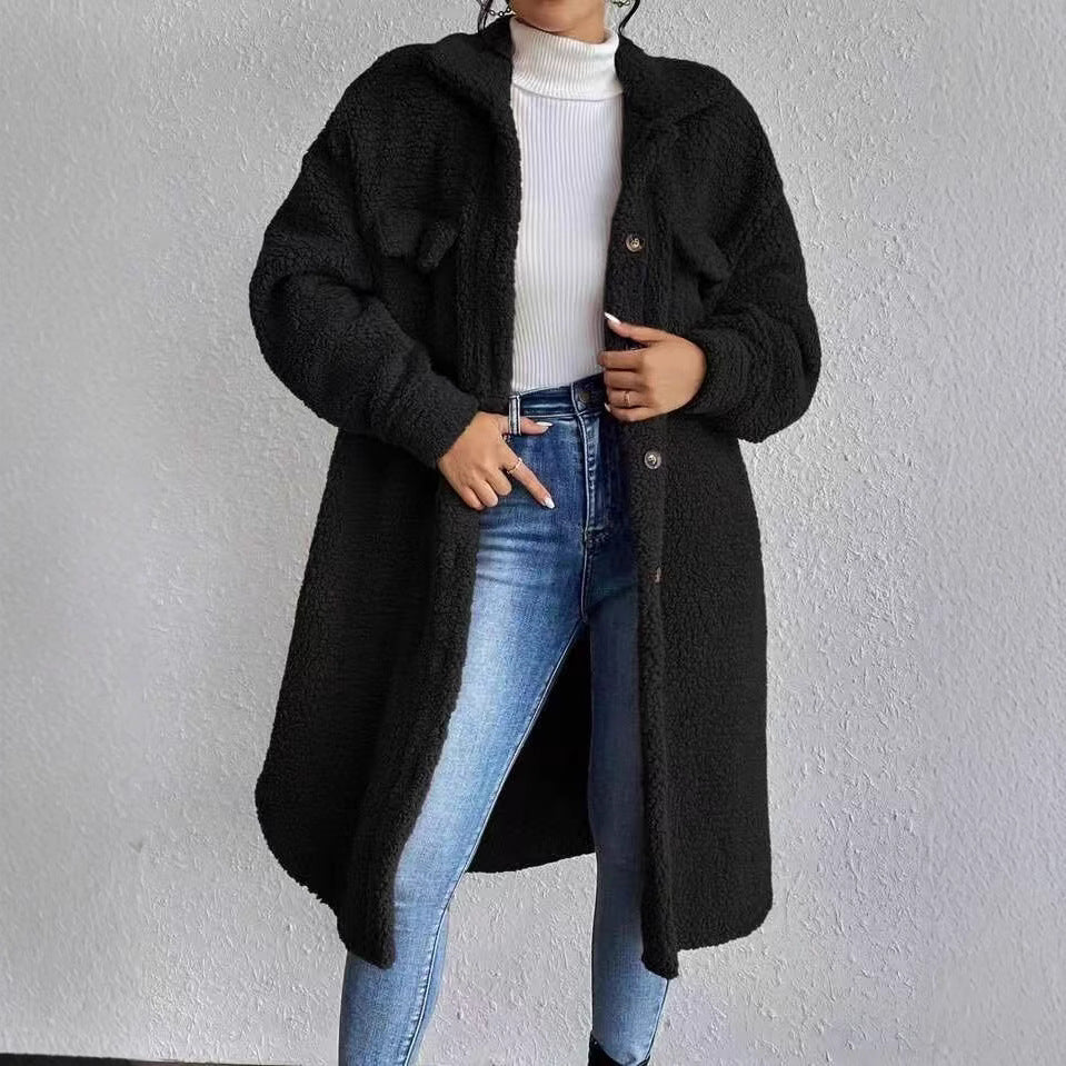 Double Sided Plush Long Button Cardigan Casual Women Autumn Winter Plush Coat