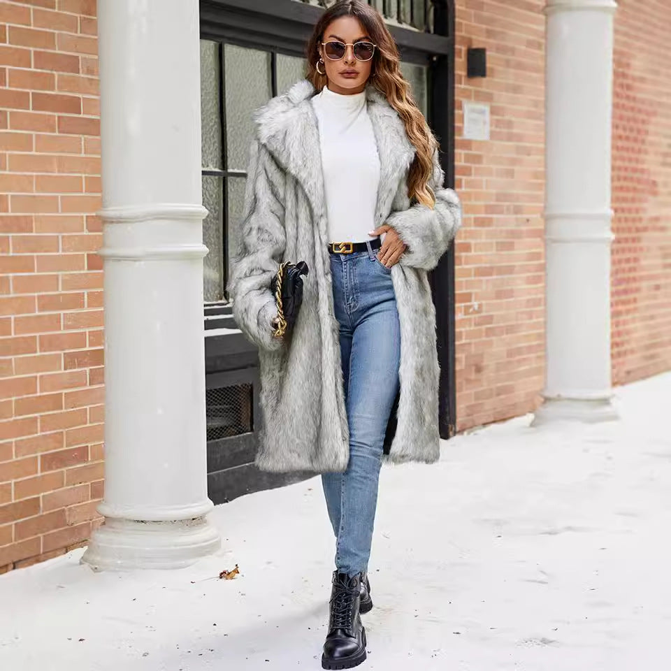 Autumn Winter Collar Long Ladies Faux Fur Coat Top Plush Coat