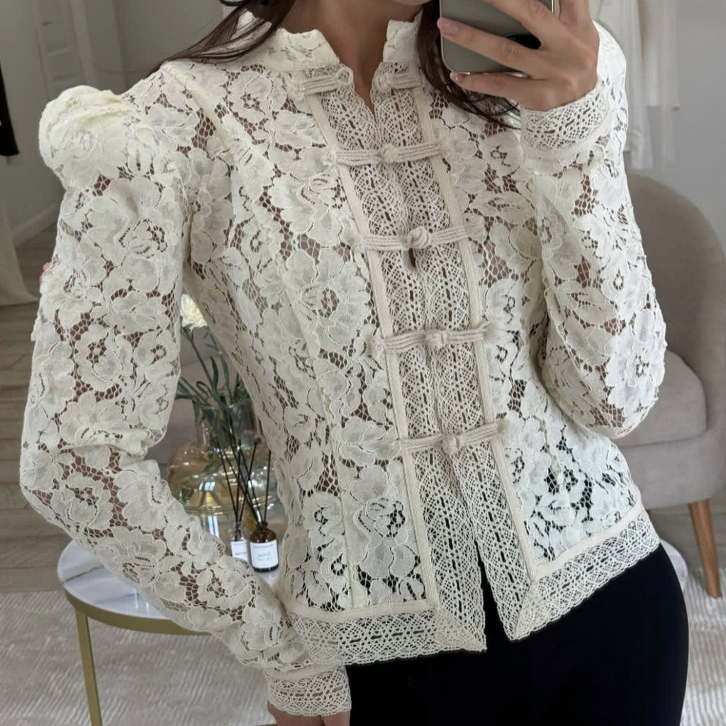 Summer in Office Lace Crochet Stand up Collar Slim Fit Stylish Shirt Women
