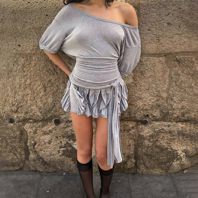 Summer Women Clothing Solid Color Personalized Bandage Diagonal Collar Slim Sexy Package Hip Short Sleeve Dress