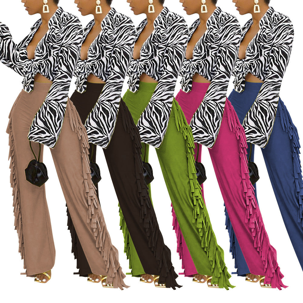 Women Brushed Cute Straight Wide-Leg Pants with Tassel on Both Sides