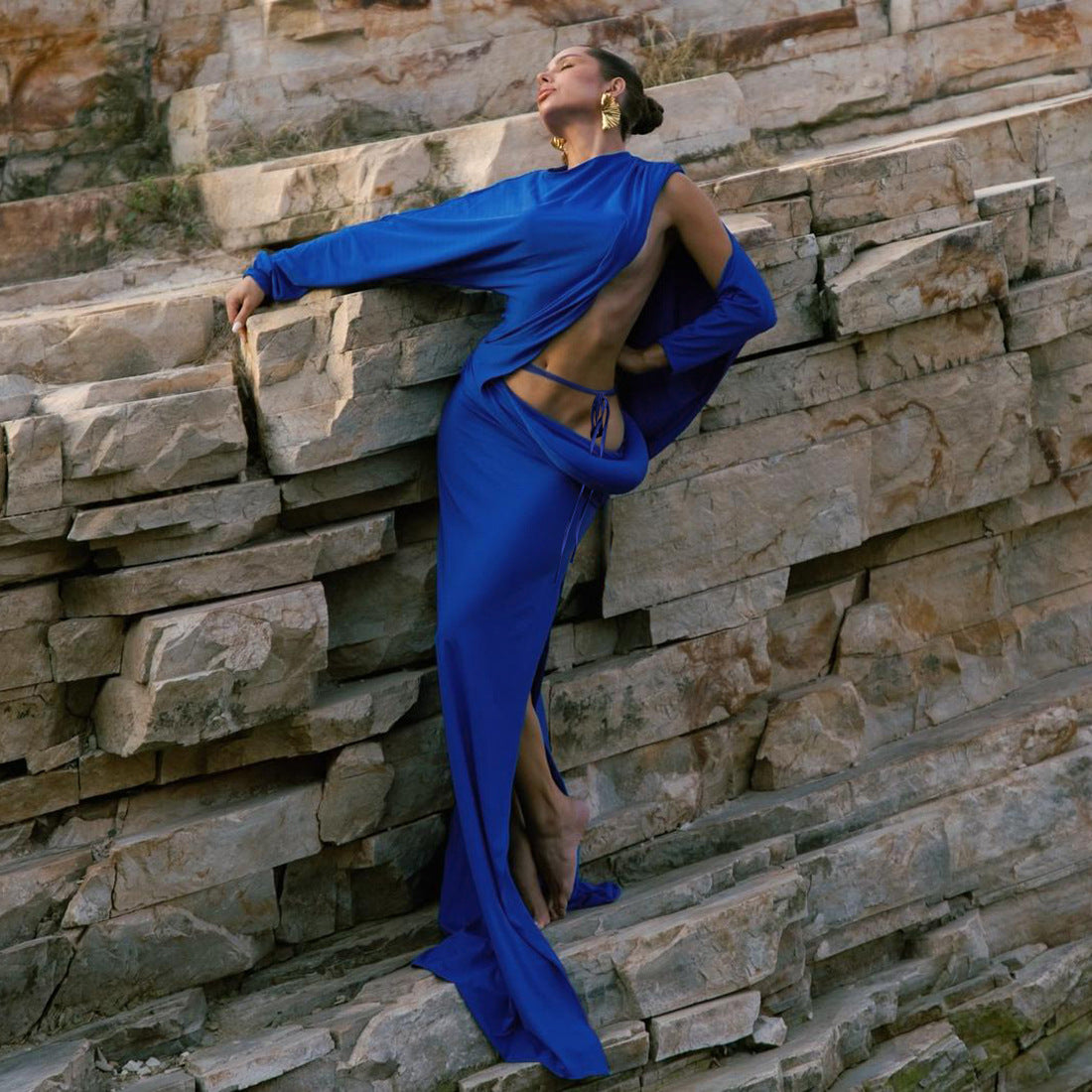 Autumn Winter Women Clothing Solid Color Sexy Cutout round Neck Tied Long Sleeve Dress