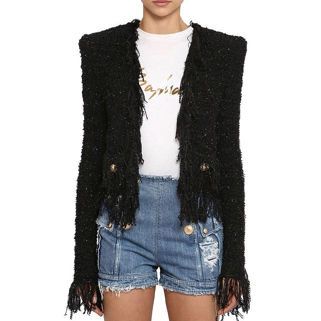 Spring Autumn Bright Silk Tweed Fringe Pocket Fastener Decoration Cardigan Women Coat Top