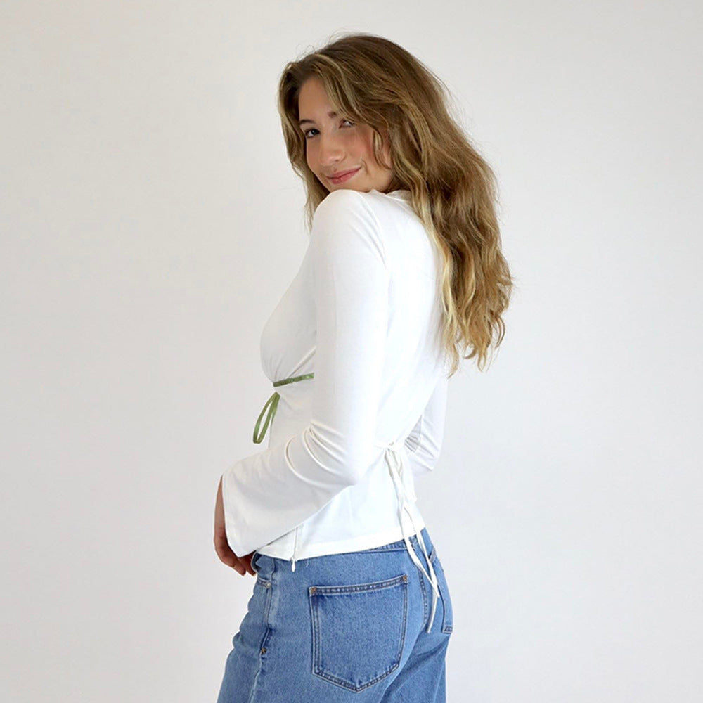 Women Tops V neck Lace Bow Long Sleeve Sexy Slim T shirt