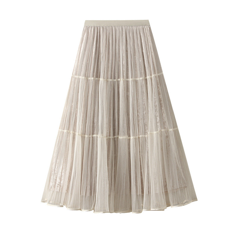 Stitching Pleated Mesh Velvet Skirt Women Autumn Winter High Waist Slimming A line Skirt Mid Length