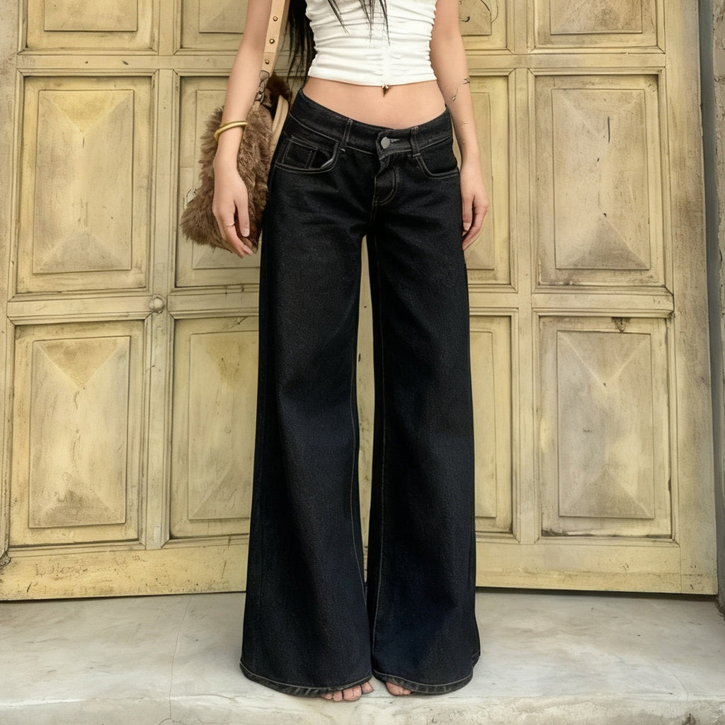 Retro Street Straight Low Waist Casual Jeans Women Arrival Basic Dark Blue Pants