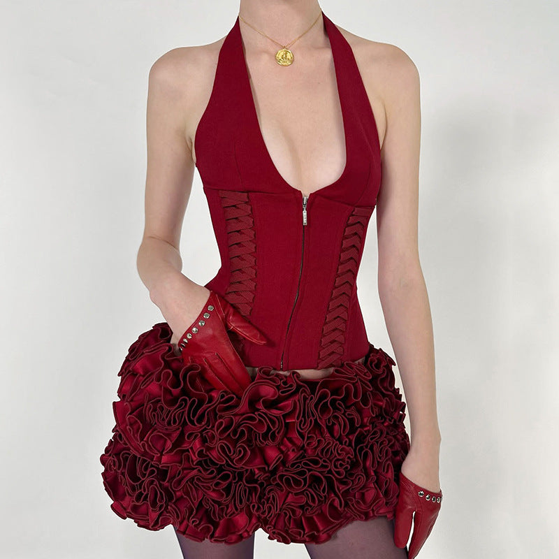 Lace up Sexy Halterneck Vest Deep V Plunge Sexy Short Top