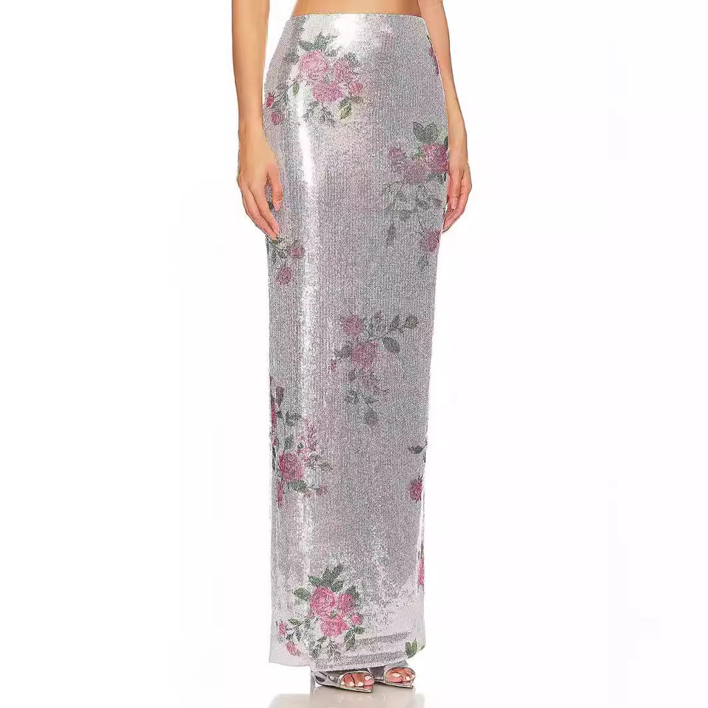 Romantic Vacation Fresh Retro Printed Thin Mesh Skirt Summer Elegant Casual Skirt Sequins