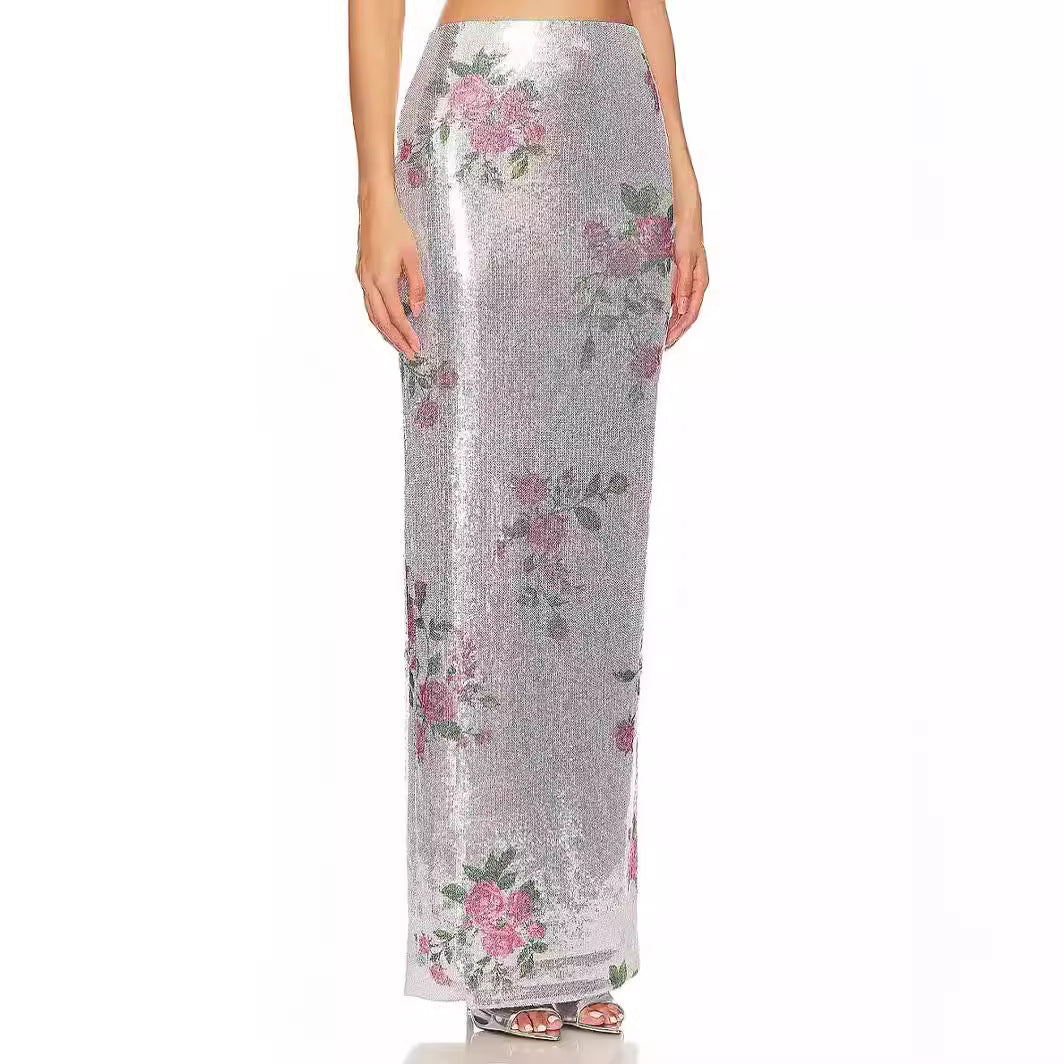 Romantic Vacation Fresh Retro Printed Thin Mesh Skirt Summer Elegant Casual Skirt Sequins