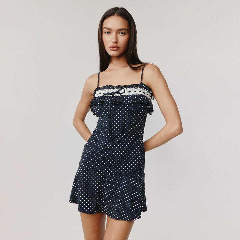 Spring Summer Sexy Slip Dress Women Stitching Lace Lace up Dress