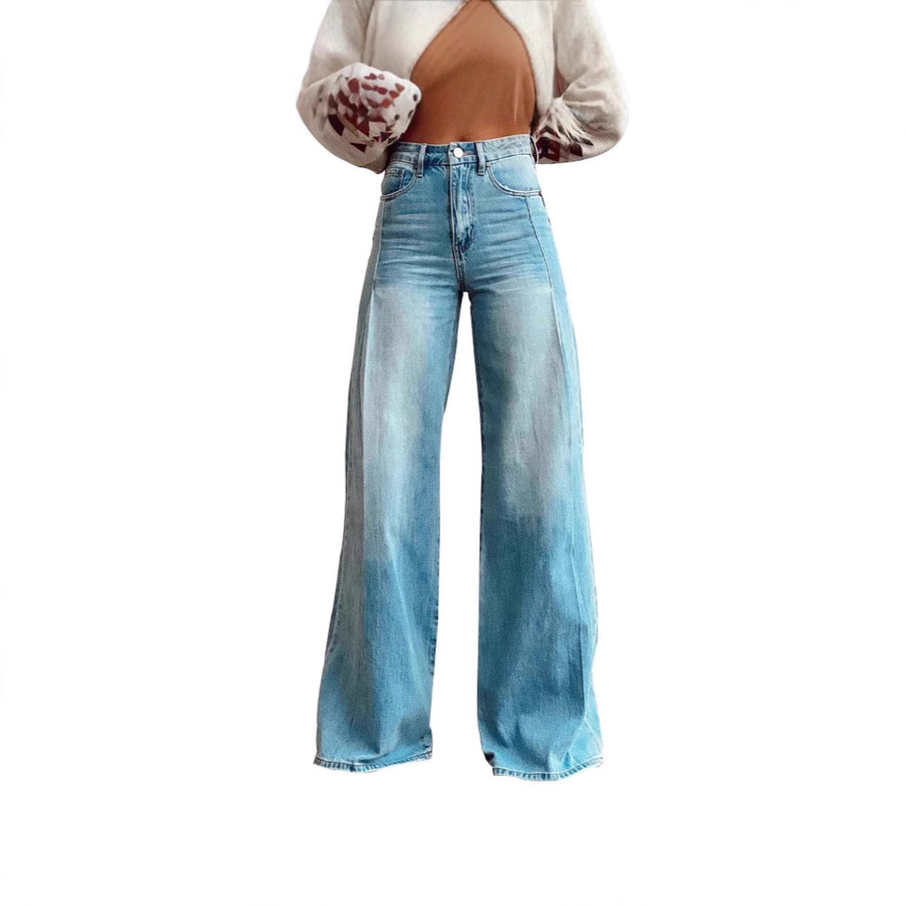 Retro Wide Leg High Waist Design Mop Denim Trousers Women Jeans