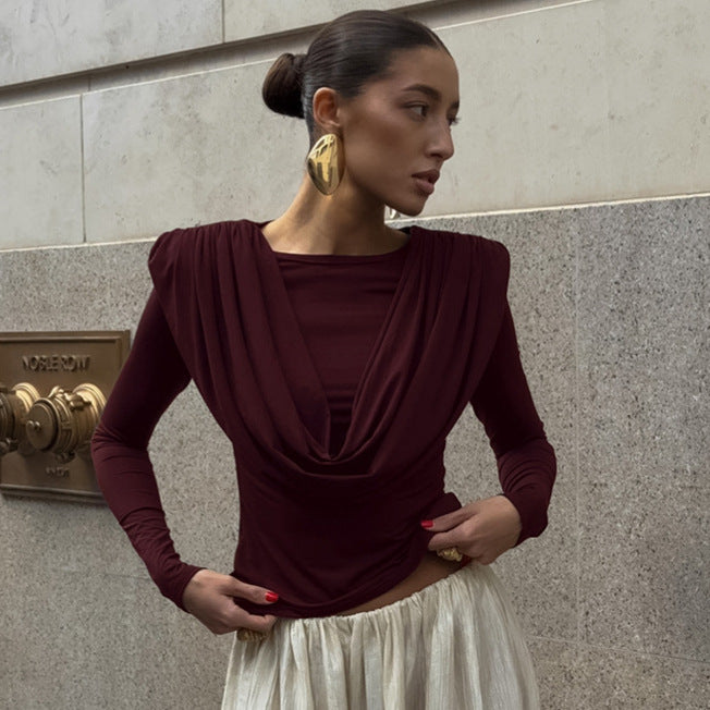 Pleated Waist Tight Swing Collar Long Sleeved T shirt Women Autumn Winter Beautiful Bottoming Top