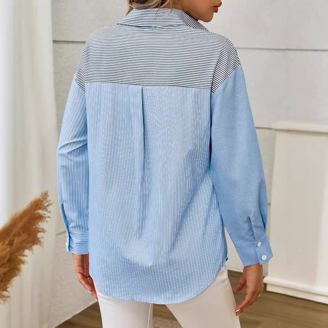 Women Clothing Autumn Striped Stitching Open Women Shirt