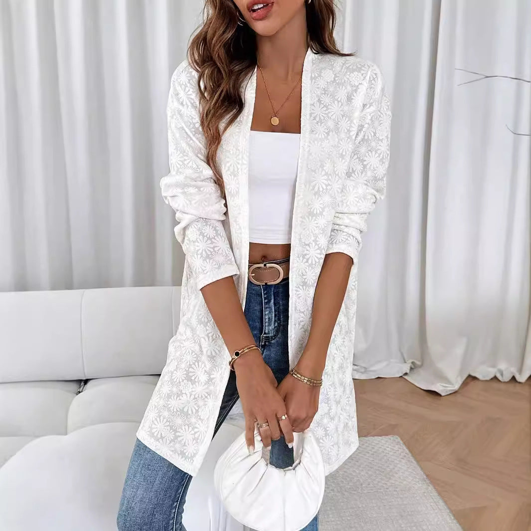 Autumn Winter Elegant Solid Color Knitted Jacquard Long Sleeve Long Cardigan Top Women Coat