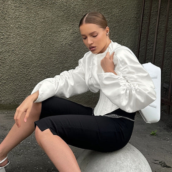 Palace Women Clothing Fitted Waist Pleated round Neck Long Sleeve Shirt High Grade Cardigan