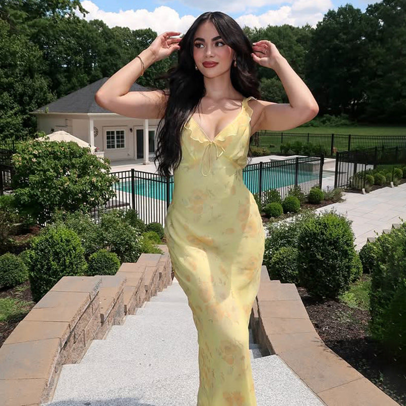 French Holiday Floral Strap Dress Ruffled Gentle Sexy Flying Sleeve Maxi Dress for Women