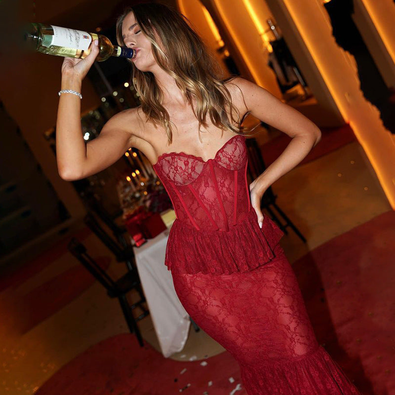 Autumn Winter Lace See through Tube Top Fishtail Dress Sexy Tight Sexy Night Club Long Dress