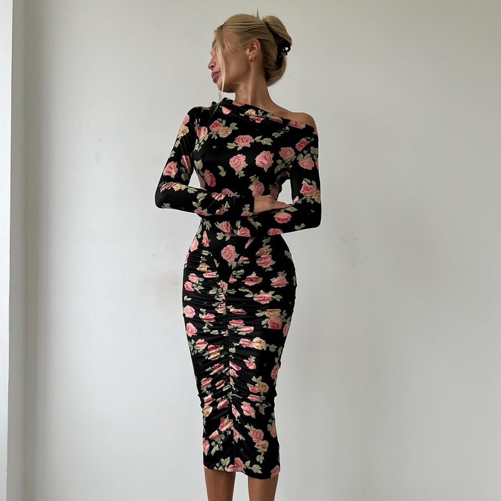 Women Clothing Autumn Winter Slim Fit Oblique Shoulder Pleated Print Long Sleeve Midi Dress