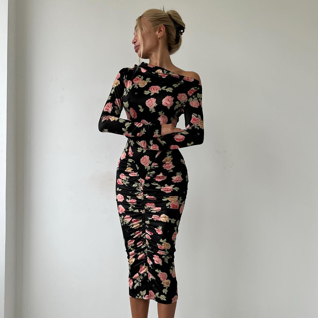 Women Clothing Autumn Winter Slim Fit Oblique Shoulder Pleated Print Long Sleeve Midi Dress