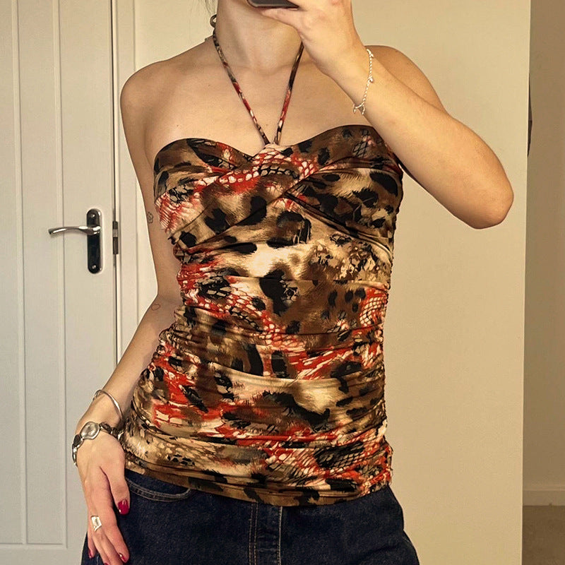 Retro Printed Chest Cup Pleated Strap Halterneck Vest Animal Pattern Sexy Twisted Backless Sling Summer