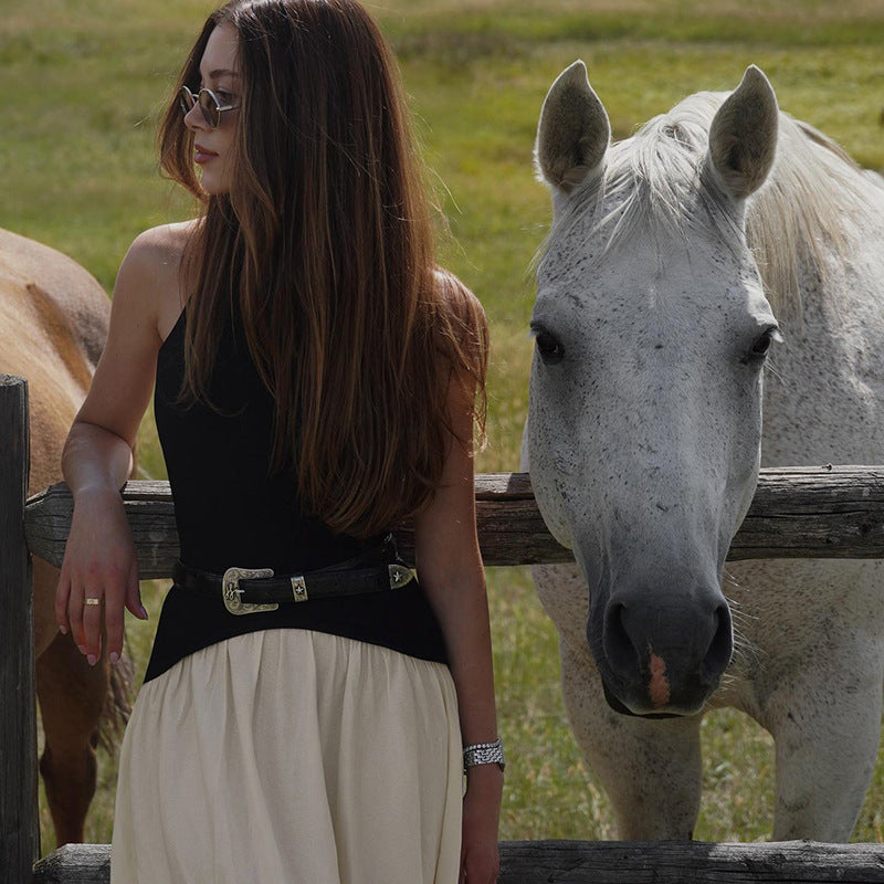 Fall Women Clothing Loose Backless Stitching Pleated Slim Mop Dress