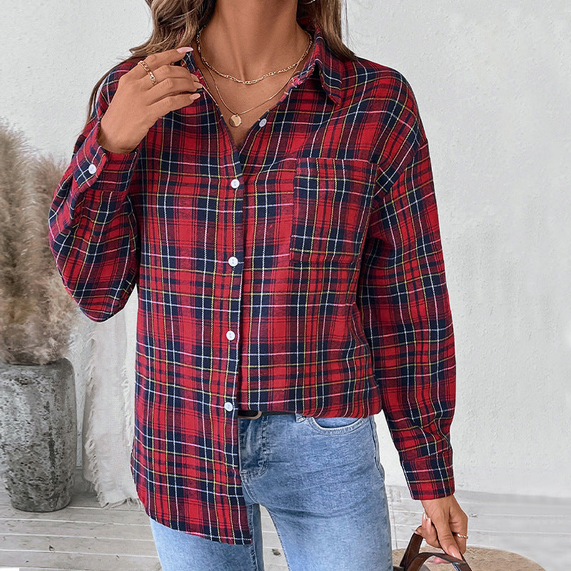 Casual Coat Spring Autumn Collared Long Sleeve Plaid Shirt for Women