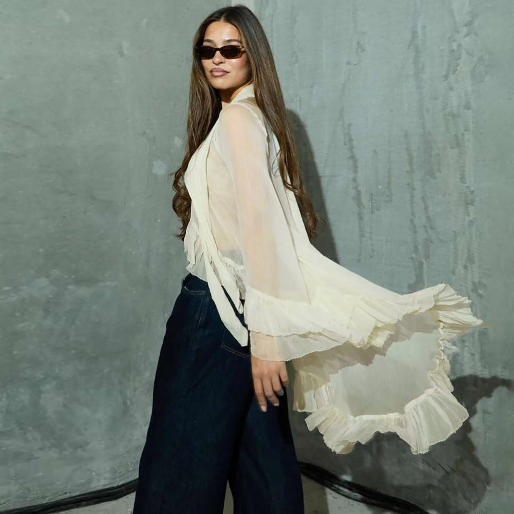 Fall Women Clothing Sexy Hanging Collar See through Ruffled Long Sleeve Smock Top Women