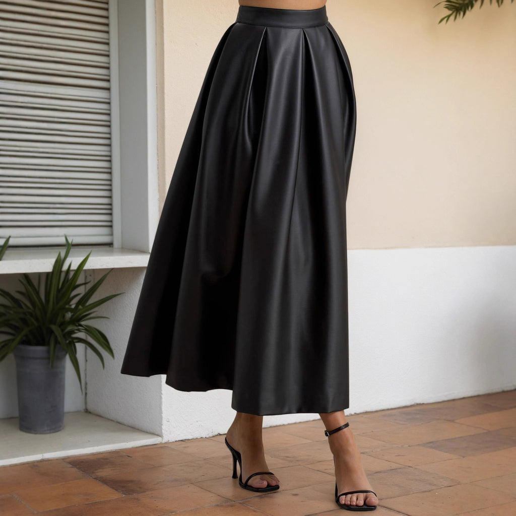 Large Skirt Ladies Spring Autumn High Waist Office Umbrella Skirt Faux Leather Design A line Skirt