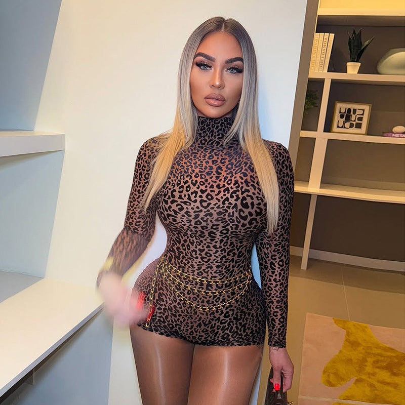 Summer Women Clothes Sexy Half Turtleneck Leopard Print Slim Slimming Sheath Jumpsuit