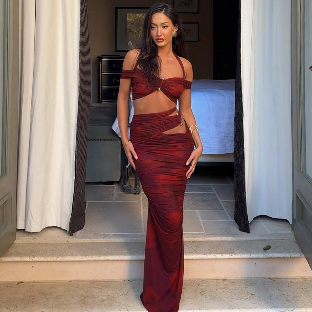 Summer Women Clothing Sexy Halter off Shoulder Spaghetti Straps Vest Slim Pleated Skirt Set