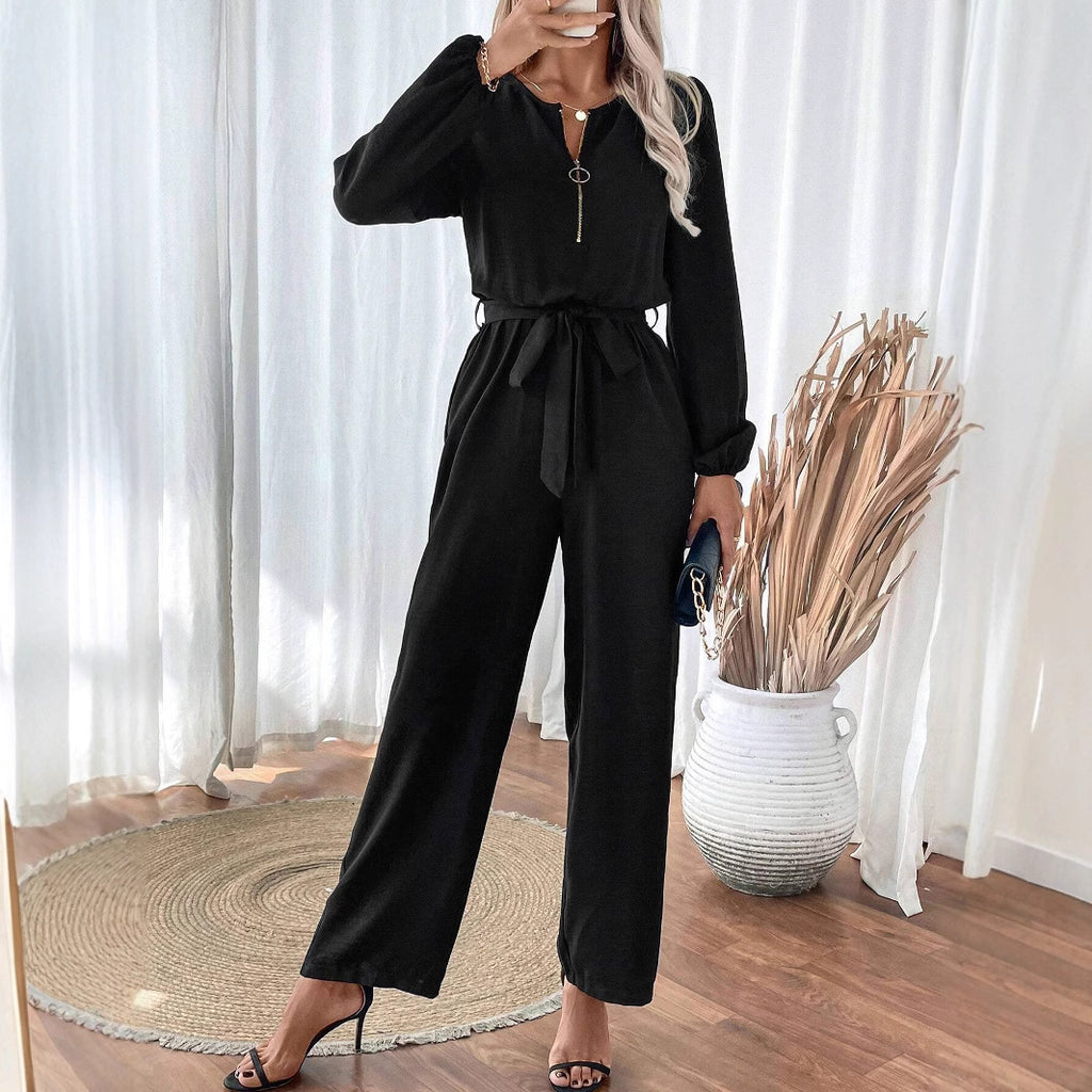 Women Clothing Casual Long Sleeved Jumpsuit Belt Straight Leg Pants Zipped round Neck Jumpsuit