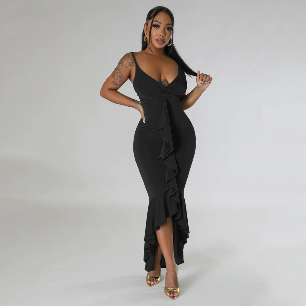 Summer Women Clothing Sexy V neck Strap Tassel Irregular Asymmetric Dress