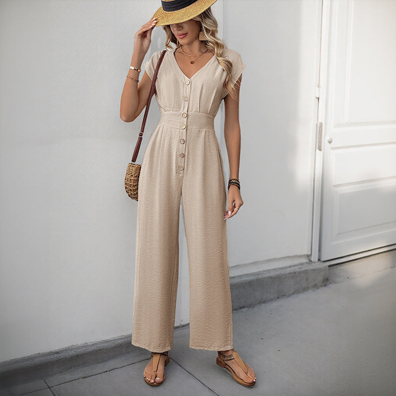 Casual Vacation Simple V neck Solid Color Elastic Waist High Waist Wide Leg Jumpsuit