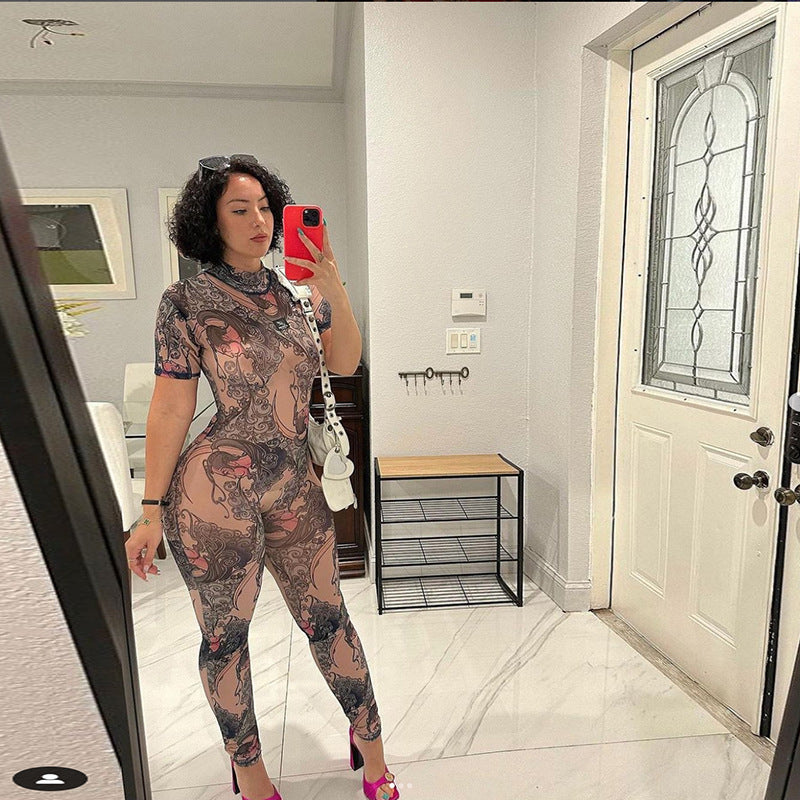 Summer Women Clothing Sexy See through Mesh Floral Print Hollow Out Cutout Backless Tight Casual Jumpsuit