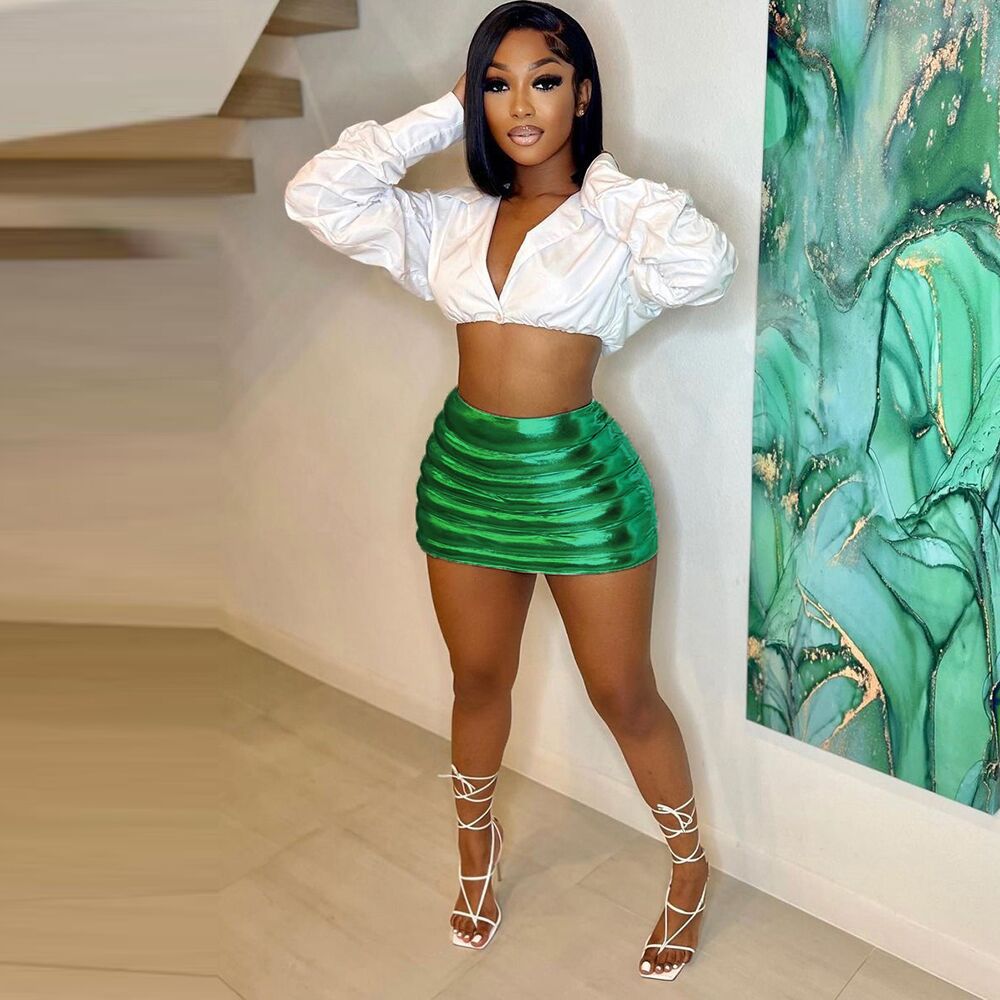 Women Clothing Spring Summer Skirt Splash Proof Zipper Glossy Personalized Cotton Filled Skirt for Women