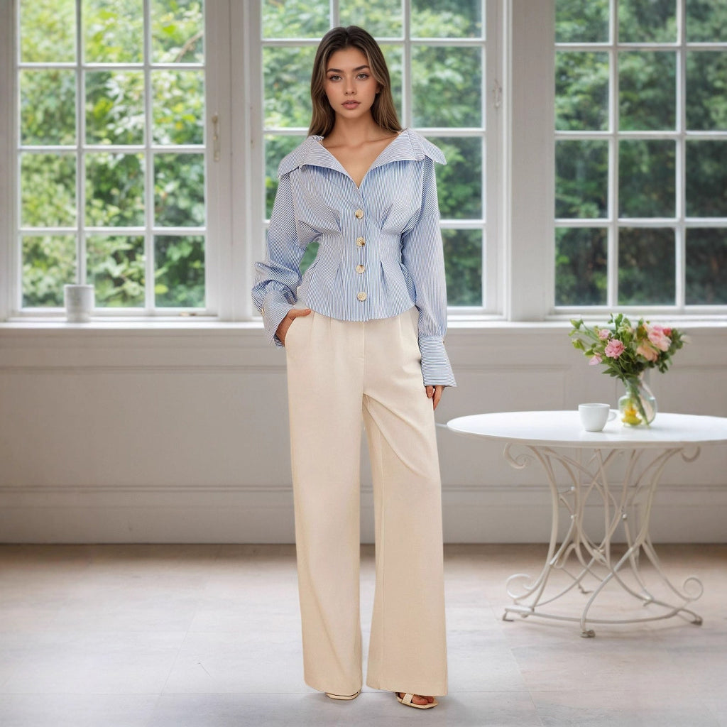 Elegant Shirt Elegant Collared Puff Sleeve Pleated Waist Tight All Match Striped Long Sleeved Top