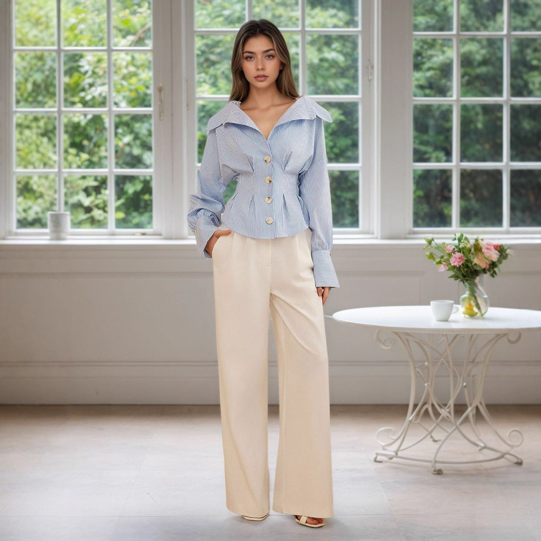 Elegant Shirt Elegant Collared Puff Sleeve Pleated Waist Tight All Match Striped Long Sleeved Top