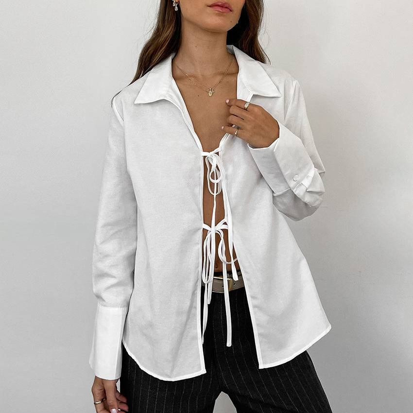 Casual Sexy See-through Loose Collared Long Sleeves White Cardigan Shirt Summer Cotton Linen Shirt for Women